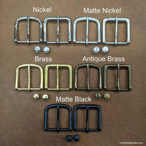 Buckle options for leather belts: brass, nickel, matte nickel (peweter), antique brass, matte black. Roller buckles and standard belt buckles.