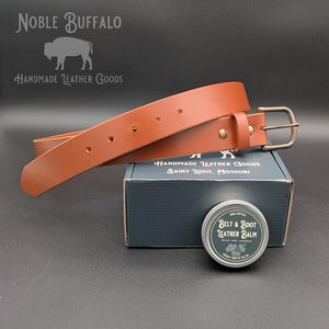 Cognac full grain leather belt handmade in the USA by Noble Buffalo. Warm brown leather belt in cognac and amber brown tones. Unisex classic leather belt.