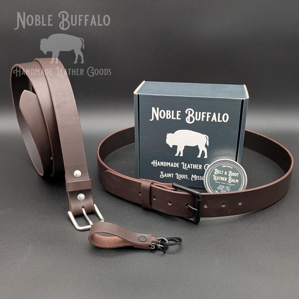 Smoked Walnut full grain leather belt handmade in the USA by Noble Buffalo. Dark brown leather belt with smoked walnut and chocolate brown tones. Unisex classic leather belt.