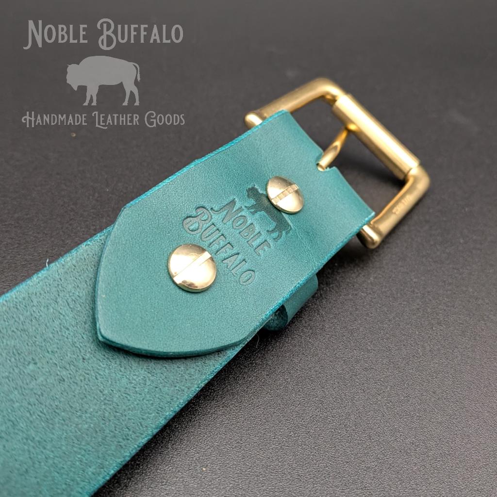 Agave teal leather belt handmade from full grain leather. Vibrant turquoise teal and peacock teal statement belt for men or women. Handmade leather belt USA.