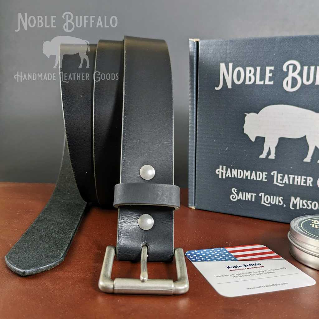 Handmade Matte Black Buffalo Leather Belt - USA Men's Leather Belts