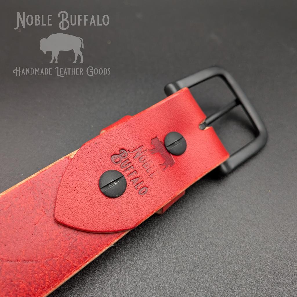 Bright poppy red leather belt handmade from full grain leather. Vibrant crimson red and classic scarlet statement belt for men or women. Handmade leather belt USA.