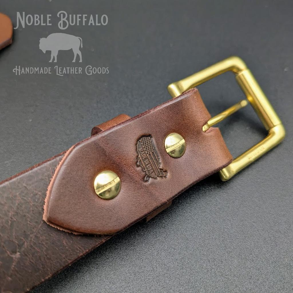 Handmade hickory brown leather belt by Noble Buffalo. Deep dark chocolate full grain leather belt with warm espresso and coffee brown tones. Classic unisex leather belt accessory.