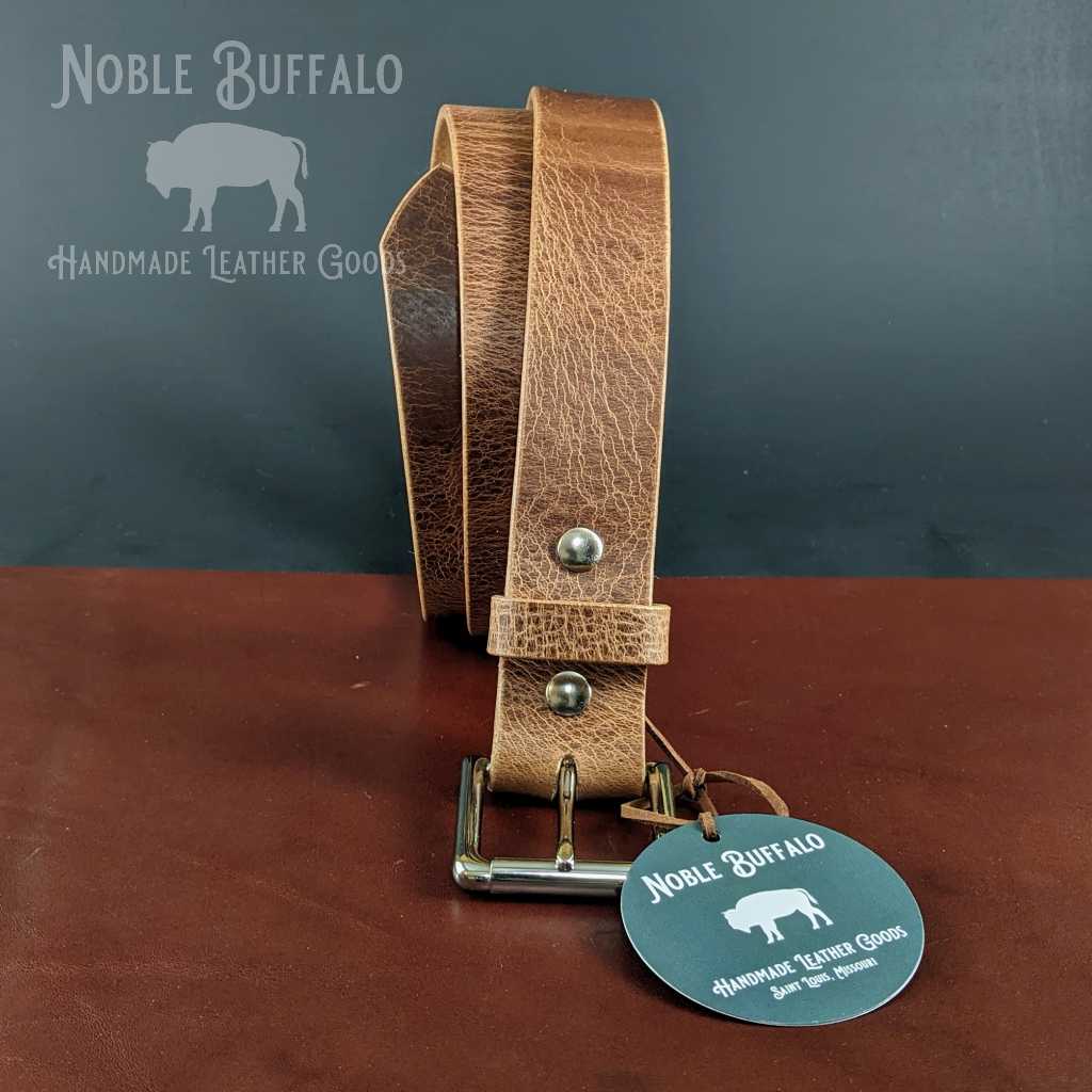 Distressed Brown Buffalo Leather Belt - Casual Leather Belt for Jeans - Made in the USA